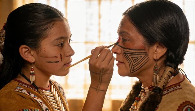 Young girl indigenous woman face paint tribal pattern traditional clothing cultural ritual family bond heritage generation connectioneering native american cultural heritage ceremony ritual makeup