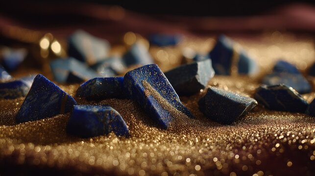 Fragments of deep blue lapis lazuli on sparkling gold sand