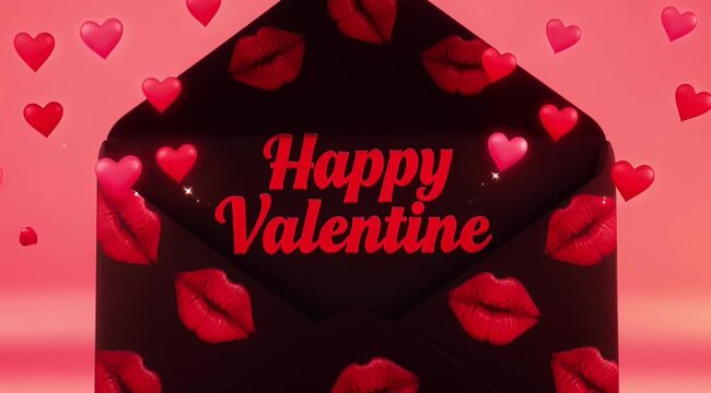 Happy Valentine Envelope with Floating Hearts and Red Lips Pattern &ndash; Romantic Love Background