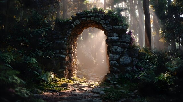Mystical Stone Archway in Enchanted Forest with Sunlit Path.