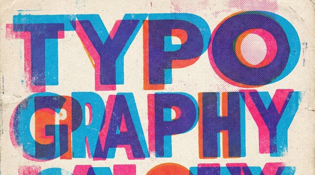Distressed TYPOGRAPHY text with vibrant overlapping CMYK colors creating a retro grunge effect for graphic design and artistic projects