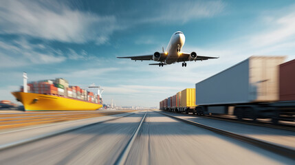 Fototapeta premium Composite image of airplane flying over container ship and freight train on railway with motion blur effect, dynamic transport concept