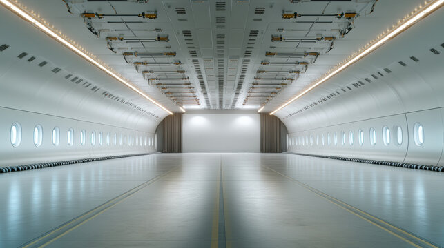 Empty spacious cargo plane interior with clean floor and multiple windows, bright lighting creating calm and orderly atmosphere inside aircraft