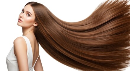 Fototapeta premium A woman with long, shiny brown hair flowing in the wind.