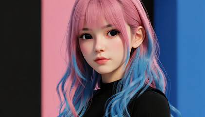 Fototapeta premium Charming Portrait: A portrait of a young individual with pink and blue hair against a backdrop of colorful panels.