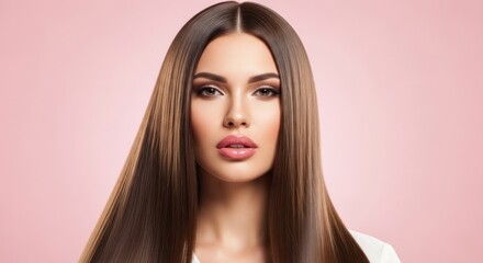 Fototapeta premium A woman with long, straight, shiny brown hair against a pink background.