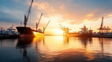Obraz premium Sunrise port ships docked cranes reflection water sky clouds harbor industrial busy
