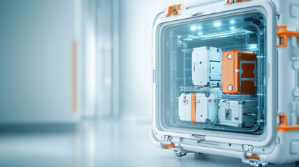 X ray scan monitor image of luggage or cargo showing detailed internal structure with orange and white suitcases inside scanner
