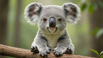 Obraz premium Koala on Branch: This captivating image features a koala perched on a branch, its cute face and cuddly appearance inviting viewers to admire this iconic marsupial