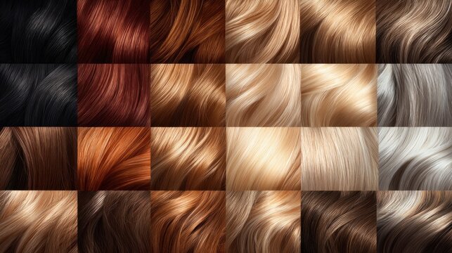 A collection of hair color samples, showcasing various shades of brown, blonde, and red.