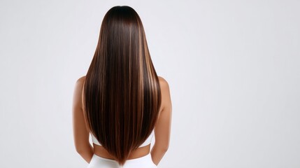 Obraz premium A woman with long, straight, dark brown hair standing in front of a white background.