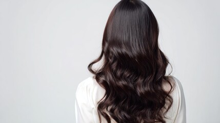 Obraz premium A woman with long, dark brown hair, wearing a white shirt, standing against a plain white background.