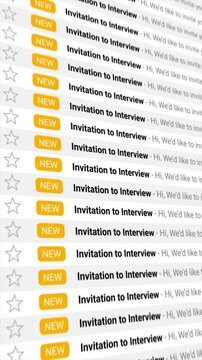 Invitation to Interview emails rapidly fill an animated digital inbox. Perfect for concepts of job search success, recruitment, career advancement, and new opportunities.