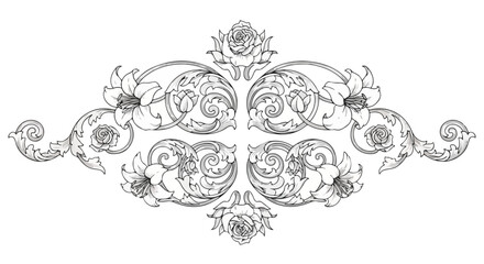 Black and white illustration of an ornate floral design with swirling patterns and flowers on a plain white background.