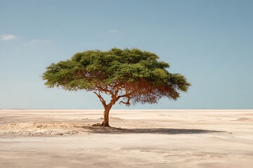 Lonely tree standing in vast desert landscape under clear blue sky