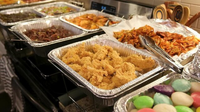 Filipino food spread featuring various dishes and desserts at a gathering in a home kitchen