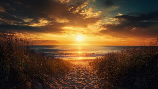 Sandy path leads to a glowing beach at sunset; sea grass frames the scene under a vibrant sky