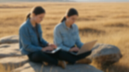 Fototapeta premium Blurred background of Environmental science student analyzing environmental data on laptop outdoors, sitting on flat rock near open savanna, vast golden grassland background, late afternoon, strong.