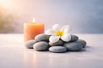 A serene arrangement of smooth gray stones with a white flower on top and a lit candle beside them  calmness and relaxation JPG image