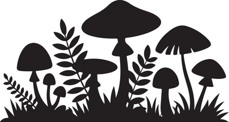 Black and white silhouette of mushrooms and plants