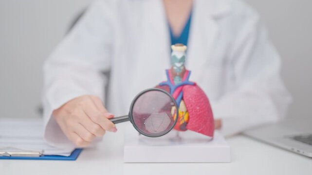 Doctor with Respiratory system anatomy for Diseases. Lung Cancer, Asthma, Chronic Obstructive Pulmonary or COPD, Bronchitis, Emphysema, Cystic Fibrosis, Bronchiectasis, Pneumonia and Pleural Effusion