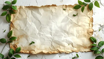 Crumpled aged paper with green vines on a textured, white backdrop