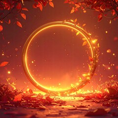 A glowing golden ring, adorned with leaves, amidst fiery autumn scene