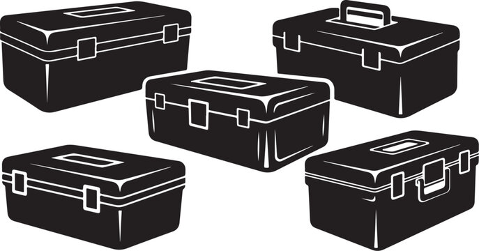 Black toolboxes in various positions and angles illustration set