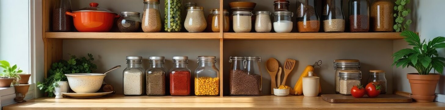 A well-organized kitchen supply cabinet overflowing with various cooking utensils, spices, and pantry staples, ready for culinary adventures , meal prep, cooking, cooking utensils