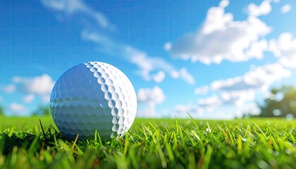 Golf ball close-up on vibrant green grass with blue sky and clouds