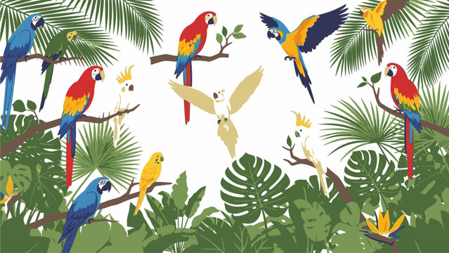Vibrant tropical illustration of colorful parrots and exotic birds perched on tree branches with lush greenery against a white background.