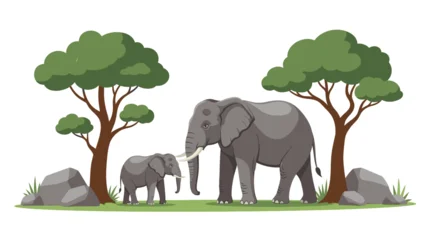 Fotobehang Zoo An illustration of an adult elephant and a baby elephant standing between two trees on a grassy plain with rocks.  © Langit