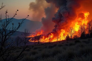 Fototapeta premium Fiery orange and black wildfire consumes a dry forest, smoke billowing into the sky The intense heat and destruction are clearly visible in this dramatic shot , ash, inferno