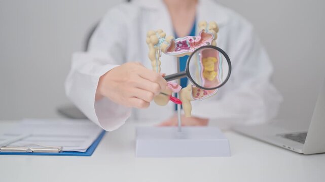Doctor with human Colon anatomy model. Colonic disease, Large Intestine, Colorectal cancer, Ulcerative colitis, Diverticulitis, Irritable bowel syndrome, Digestive system and Healthcare concept