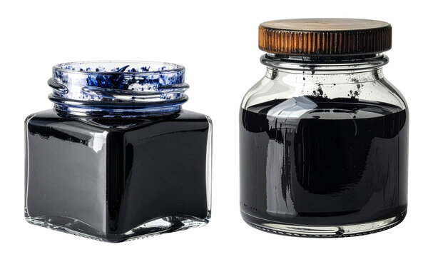 open and closed transparent black ink glass jar isolated on white background