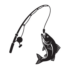 Fototapeta premium black and white illustration of a fish on a fishing line caught by a fishing rod