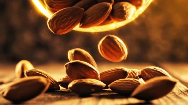 Falling Almonds Golden Light Explosion Nut Burst Dramatic Close-Up