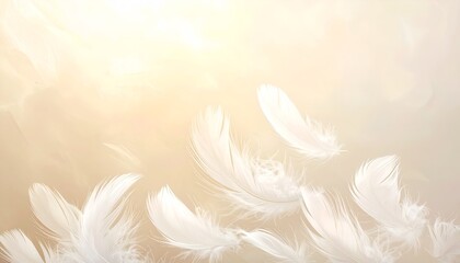 Soft White Feathers on Warm Beige Background, Minimal Elegant Floating Texture