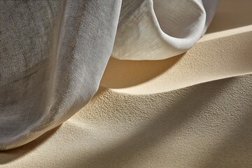 Soft gray fabric draped over sand dune with warm sunlight © Mustafa