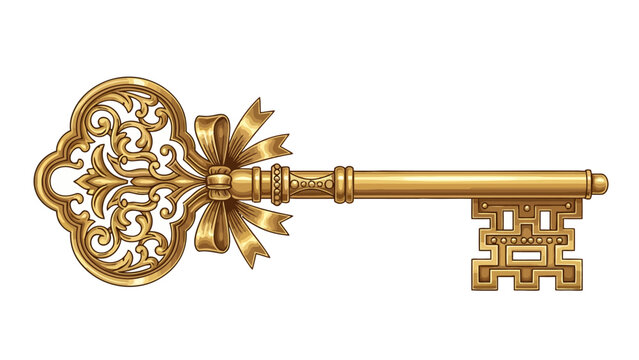 Ornate golden key with an open filigree bow and a central ribbon isolated on white