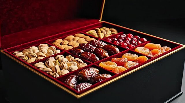 Luxury Dry Fruit Gift Box Nuts Dates Figs Apricots Golden Tray Red Velvet Close-Up