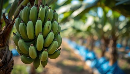 Naklejka premium Banana Bunch in Plantation: A close-up view captures a vibrant cluster of unripe bananas hanging from a cultivated tree in a tropical plantation, showcasing nature's bounty and agricultural abundance.