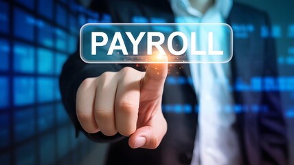 Obraz premium Business professional pressing payroll button on digital interface with glowing effect in office