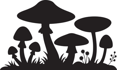 Black silhouettes of mushrooms and grass on white background