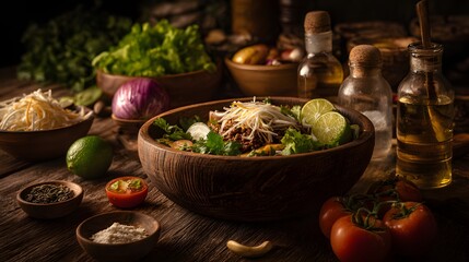 Rustic wooden table laden with a vibrant, fresh salad bowl and various ingredients.