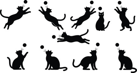 Cat playing with ball silhouettes collection, jumping sitting and stretching poses isolated on white background feline illustration set © Mehedi