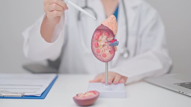 Doctor with Kidney Adrenal gland anatomy model. disease of Urinary system and Stones, Cancer, world kidney day, Chronic kidney, Urology, Nephritis, Renal, Transplant and health concept