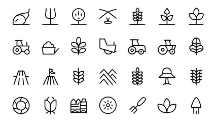 Fototapeta premium Set of thirty simple outline vector icons depicting various elements and tools commonly associated with agricultural practices and farming activities.