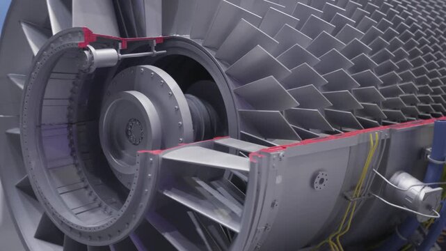 Front fan casing airplane engine model, exposed fan hub with support struts, wiring harness and mounting brackets, bearing housing visible, maintenance
