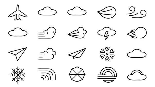 A versatile pack of thirty crisp linear outline icons representing essential concepts and natural occurrences related to air.